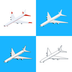 Vector illustration. Set of icons of the plane. Colorful, white and outline. Isometric, 3D