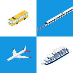 Vector illustration. Set of web icons public passenger transport. Bus, train, plane, ship. Isometric, 3D. Design for ticket sales, travel and tourism.