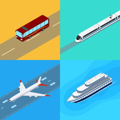 Vector illustration. Set of web icons public passenger transport. Bus, train, plane, ship. Isometric, 3D. Design for ticket sales, travel and tourism.