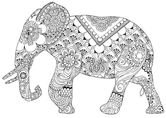Naklejka premium sylwetka słonia malowała ornamenty w stylu mihendi