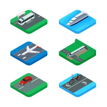 Vector illustration. Set of icons of public and personal passenger transport. Bus, car, bicycle, ship, train, plane. Design for tourism, rental, sale of tickets.