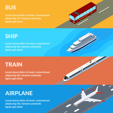 Vector illustration. Set of web banners public passenger transport. Bus, train, airplane, ship. Isometric, 3D. Design for ticket sales, travel and tourism.
