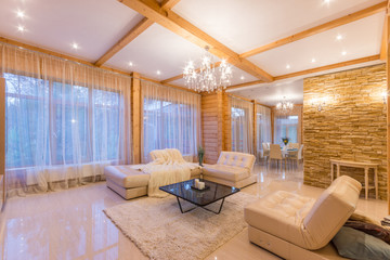 Luxury log house living room with leather sofa