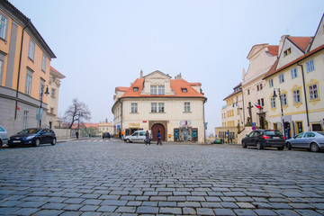 Prague, Czechia - November, 21, 2016: car's parking on a street in the historical part of Prague, Czechia