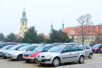 Prague, Czechia - November, 21, 2016: car's parking on a street in the historical part of Prague, Czechia