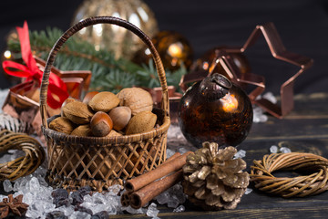 Winter Christmas nuts is wicked basket on white ice