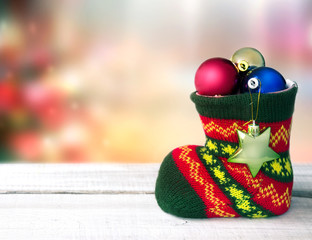 Christmas holiday decoration sock empty space background.