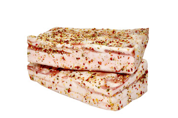 Piece of salted lard isolated on white