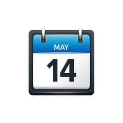 May 14. Calendar icon.Vector illustration,flat style.Month and date.Sunday,Monday,Tuesday,Wednesday,Thursday,Friday,Saturday.Week,weekend,red letter day. 2017,2018 year.Holidays.