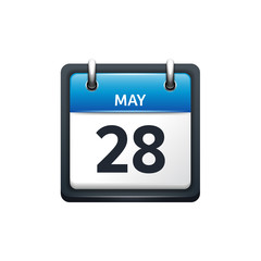 May 28. Calendar icon.Vector illustration,flat style.Month and date.Sunday,Monday,Tuesday,Wednesday,Thursday,Friday,Saturday.Week,weekend,red letter day. 2017,2018 year.Holidays.