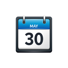 May 30. Calendar icon.Vector illustration,flat style.Month and date.Sunday,Monday,Tuesday,Wednesday,Thursday,Friday,Saturday.Week,weekend,red letter day. 2017,2018 year.Holidays.