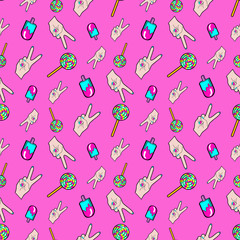 Hands and Ice Cream Seamless Pattern. Fashion Background in Retro Comic Style. Vector illustration