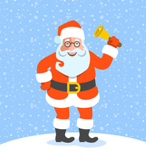 Santa Claus stands and rings jingle bell. Vector cartoon illustration. Cute Christmas character pose. Snow background. Greeting card design