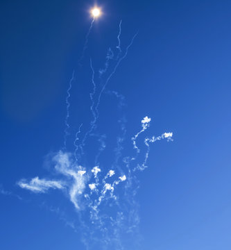 Fireworks and smoke in the sky during Mascleta display, Valencia, Spain 
