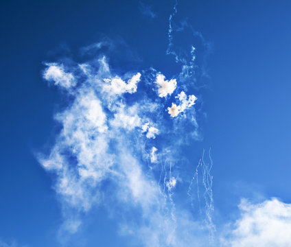 Fireworks and smoke in the sky during Mascleta display, Valencia, Spain 