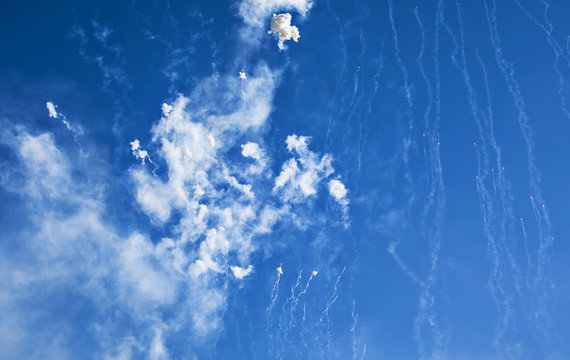 Fireworks and smoke in the sky during Mascleta display, Valencia, Spain 