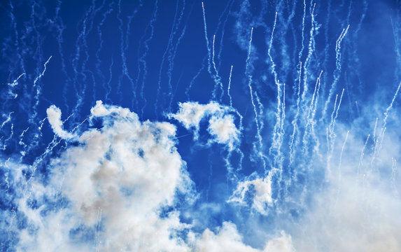 Fireworks and smoke in the sky during Mascleta display, Valencia, Spain 