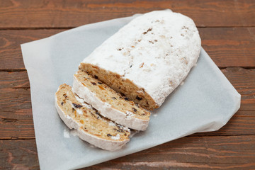 Homemade cake with dried fruit and sugar
