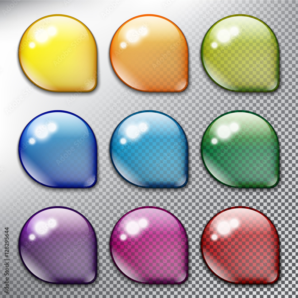 Wall mural abstract vector web buttons set of 9. isolated with realistic, transparent glass shine and shadow on