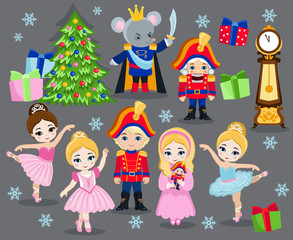 Set cartoon christmas characters for fairy tale Nutcracker. Vector illustration isolated on white background.