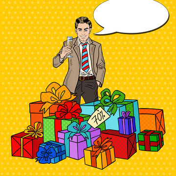 Pop Art Happy Man with Big Gift Boxes and Champagne Glass. Vector illustration