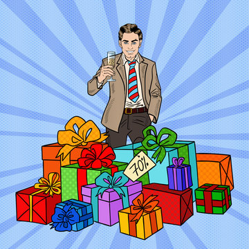 Pop Art Happy Man with Big Gift Boxes and Champagne Glass. Vector illustration