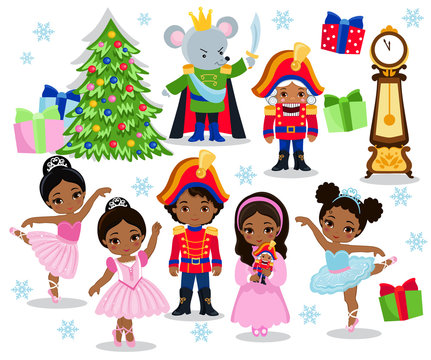 Set cartoon christmas characters for fairy tale Nutcracker. Vector illustration isolated on white background.