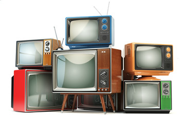 Heap of retro TV sets isolated on white background. Communicatio