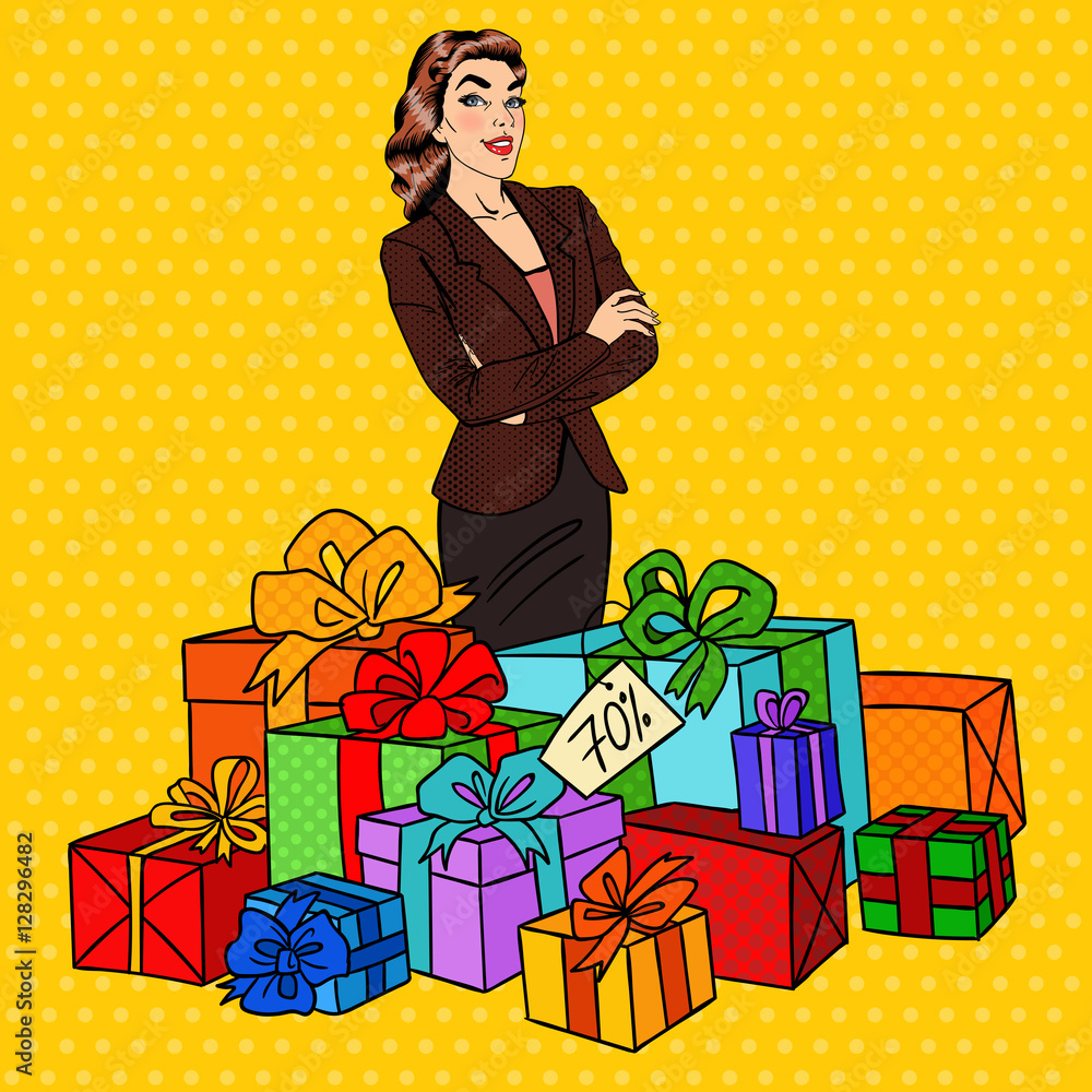 Wall mural pop art happy woman with huge gift boxes. vector illustration