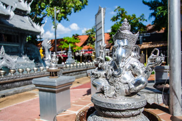 Close up Ancient Silver  Statue Ganesha Hindu God of  Elephan Lord of Sucess at Chiang Mai, Thailand