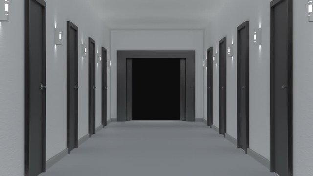 Empty hallway with elevator in the end.