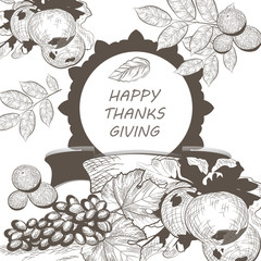 Vintage Thanksgiving Day Card. Vector Season Harvest decor. Retro Hand drawn engraved technique