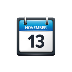 November 13. Calendar icon.Vector illustration,flat style.Month and date.Sunday,Monday,Tuesday,Wednesday,Thursday,Friday,Saturday.Week,weekend,red letter day. 2017,2018 year.Holidays.