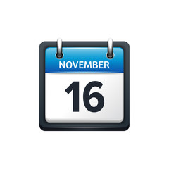 November 16. Calendar icon.Vector illustration,flat style.Month and date.Sunday,Monday,Tuesday,Wednesday,Thursday,Friday,Saturday.Week,weekend,red letter day. 2017,2018 year.Holidays.