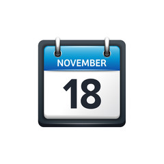 November 18. Calendar icon.Vector illustration,flat style.Month and date.Sunday,Monday,Tuesday,Wednesday,Thursday,Friday,Saturday.Week,weekend,red letter day. 2017,2018 year.Holidays.