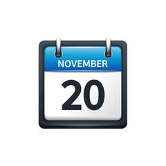 November 20. Calendar icon.Vector illustration,flat style.Month and date.Sunday,Monday,Tuesday,Wednesday,Thursday,Friday,Saturday.Week,weekend,red letter day. 2017,2018 year.Holidays.
