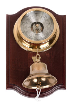 Vintage wooden wall barometer with bell on white background