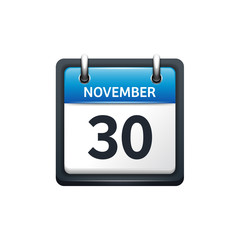 November 30. Calendar icon.Vector illustration,flat style.Month and date.Sunday,Monday,Tuesday,Wednesday,Thursday,Friday,Saturday.Week,weekend,red letter day. 2017,2018 year.Holidays.