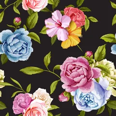 Gardinen Vintage Blumen Peony and roses with leaves. Seamless background pattern. Vector - stock.  © iMacron