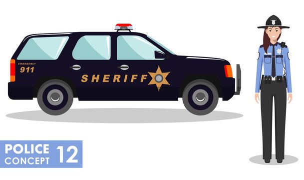 Policeman concept. Detailed illustration of policewoman officer and police car in flat style on white background. Vector illustration.