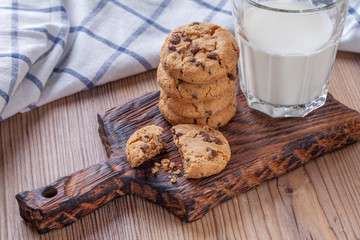 cookies with chocolate chips and a glass of milk