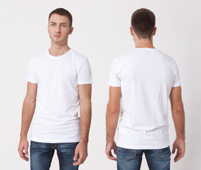 T-shirt design and people concept - close up of young man in blank white t-shirt, shirt, front and rear isolated. Clean shirt mock up for design set.