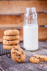 cookies with chocolate chips and a glass of milk