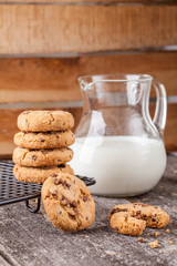 cookies with chocolate chips and a glass of milk