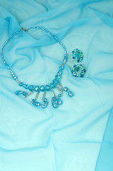 Blue necklace and earrings on organza kerchief - modern fashion jewelry