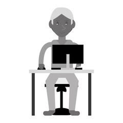 young boy uses computer desk chair design monochromatic vector illustration eps 10