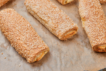 Homemade appetizers with cheese fillings. Cakes sprinkled with s