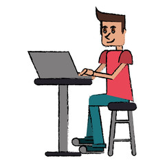 cartoon young man sitting working computer vector illustration eps 10