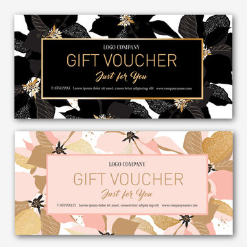  Gift voucher. Birthday card. Coupon template.  Background for the invitation, shop, beauty salon, spa. Black and pink poinsettia on a white background.