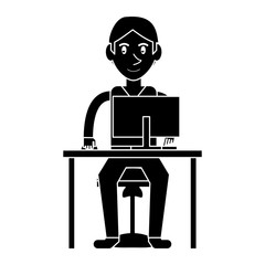silhouette young boy uses computer desk chair design vector illustration eps 10